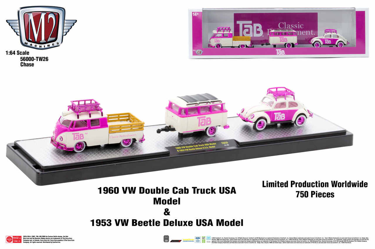 M2 Machines Auto Hauler TW26 1960 VW Double Cab Truck 53 VW Beetle